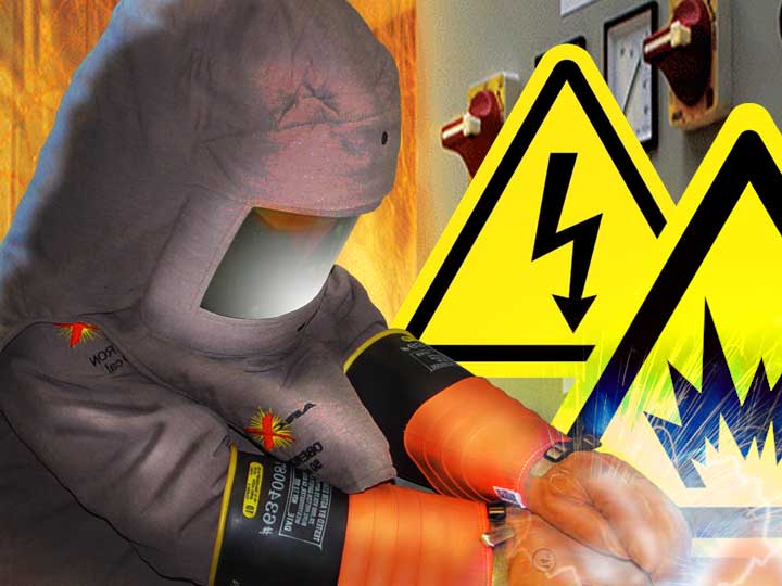 Electrican with PPE equipment and Arc Flash Labels, one-line diagram with printed results, and TCC curves