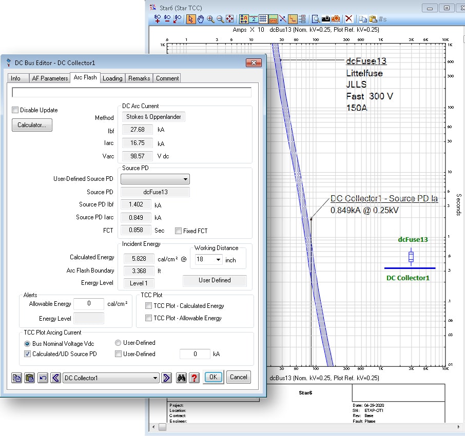ETAP DC Arc Flash Analysis - Graphical DC Arc Current Reference Plot on TCC View