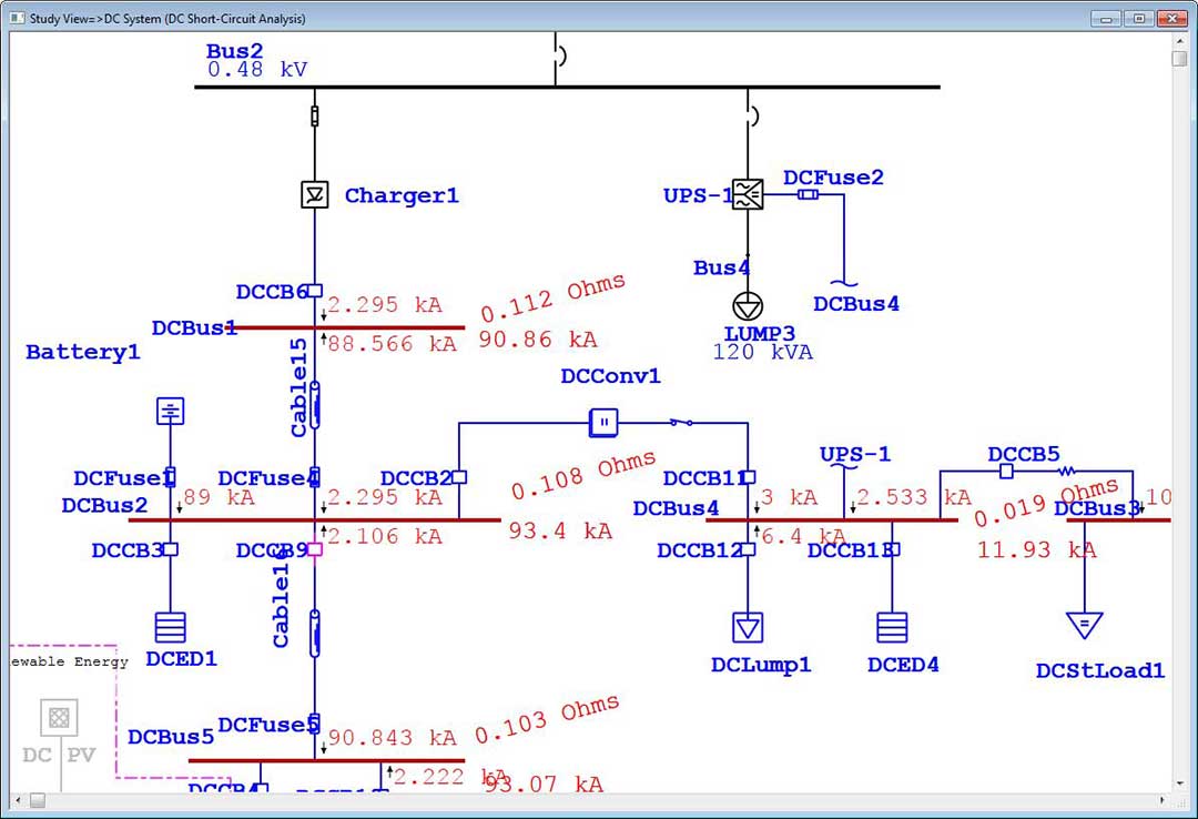 DC Short Circuit analysis with results printed on a one-line diagram