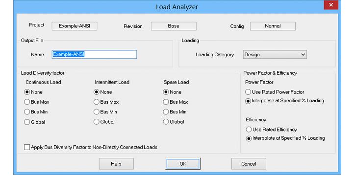 Load analyzer editor where you can select the loading category, load diversity factor, power factor, and efficiency