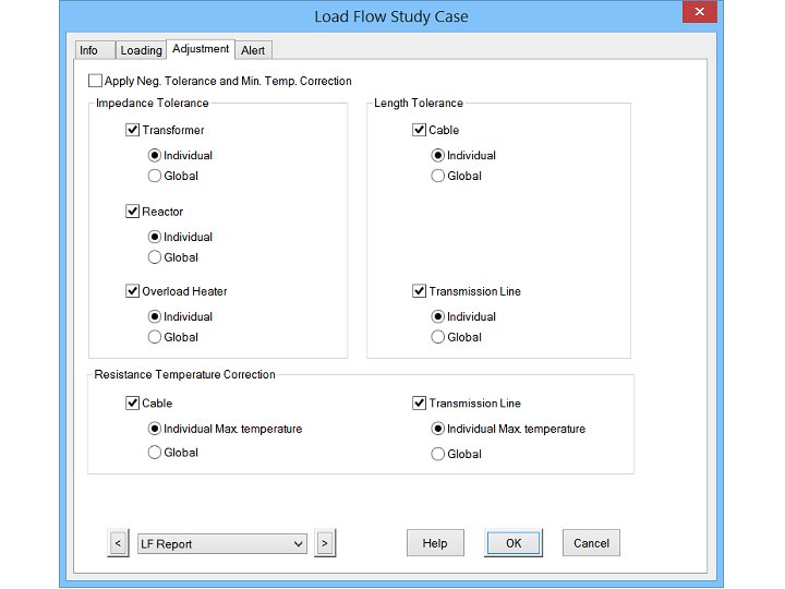 Load Flow analysis study case editor with options to change the Info, loading, adjustment, and alert