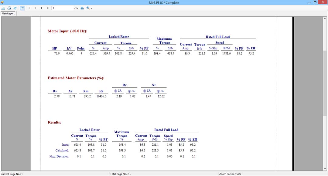 Complete MPE report for selected motor